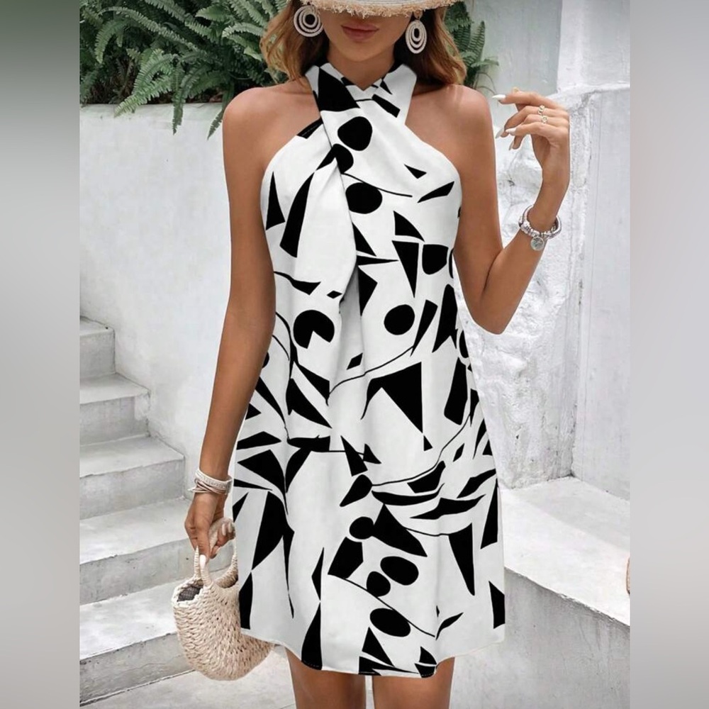 Chic Black and White Halter Dress
